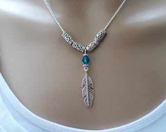boho necklace silver feather necklace boho jewellery silver necklace blue bead necklace feather jewellery gift for women festival jewellery
