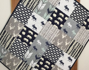 Rustic Baby Quilt, Woodland Baby Quilt, Moose, Deer, Arrows, Bears, Grey, Navy, Rustic Nursery, Woodland Crib Bedding, Q 16