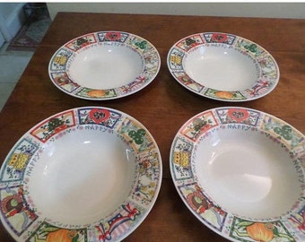 REDUCED Vintage Tabletops Unlimited Dinnerware Happy Everything Pattern Hard to Find Set of 4 Soup Bowls