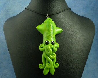 Green Moss Squid Necklace, Handmade Polymer Clay Jewelry