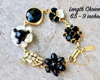 Vintage Earring Bracelet, Bridesmaid Gift, Charm, Gold, Onyx, Jet, Enamel Flower, Repurposed, Rhinestones, Jennifer Jones OOAK - Black Iris