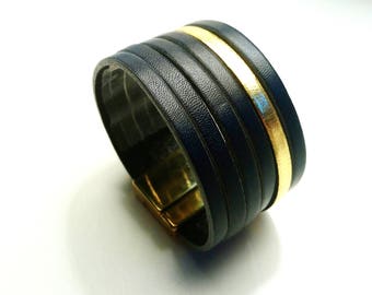 leather cuff Navy Blue and gold