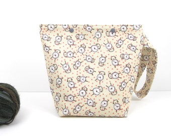 Knitting time project bag with snaps, small knitting bag, crochet storage with clocks