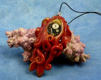 Gilded Steampunk Cuttlefish Necklace, Handmade Polymer Clay Jewelry