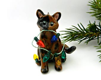 Tortoiseshell Cat PORCELAIN Christmas Ornament Figurine Lights Clay OOAK