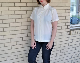 70s cream blouse, Large vintage polyester shirt, 1970s Lee Mar clothing, short sleeves