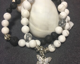 White Howlite/ lava stone diffuser bracelet set