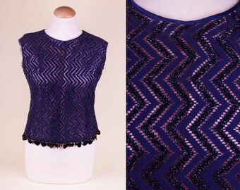 1950/60’s Black/Pink Party Top // VTG Sequin Top XS/S Fifties Sixties Glamour Pin-up Top