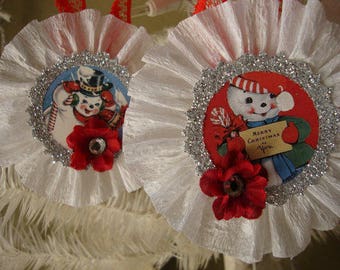 Snowman ornaments retro Christmas gift tags Red White silver glittered vintage Christmas paper ornaments decor glitter ornaments
