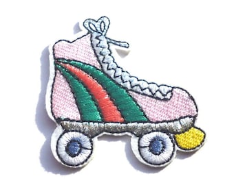 Pink Roller Skate with Red and Green Stripes Iron on Patch, Roller Skates