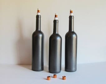 Silver Wine Bottle Citronella Torches set of 3, Wine Bottle Tiki Torch, Wine Bottle Torches, Wine Bottle Decor, Patio Decor ,