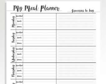 Weekly Meal Planner and Shopping List, Menu planner, Printable, Shopping, Grocery, Food List, Shopping List, Planner inserts, Meal prep.