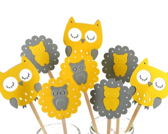 12 Yellow Owl Cupcake Toppers / Owl Party Decor / Owl Invitation / Owl Party Theme / Yellow & Grey Owl Cupcake Toppers / Owl Baby Shower