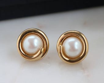Gold Pearl Earrings - Pearl Stud Earrings - Circle Pearl Earrings