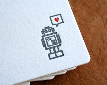Set of 12 - Letterpress Printed Robot with Heart Coasters