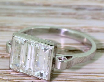 Art Deco 1.75 Carat Baguette Cut Diamond Trilogy Ring, circa 1925