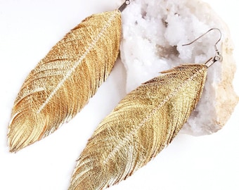 Feather Earrings Gold, Feather Earrings, Leather Earrings, Gold Earrings, Bridal Earrings, Large Earrings, Bridesmaid Gift, Wedding Earrings