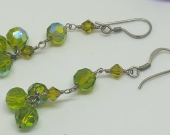 Handcrafted Lime Green Beaded Dangle Prism Earrings with 925 Silver Fishhooks