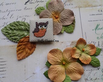 Magnet Aimant Point de Croix Toile Broder Petit Oiseau Hibou Brun Orange