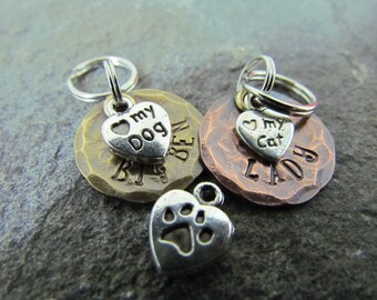 Small Pet ID Tag - I Love My Dog or My Cat - Dog Tag - Engraved - Hand Stamped Copper or Brass - Dog collar tag- Pet Accessory - Pet Lover