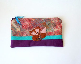 Zipper Pouch, 5.5x9" in Purple, Aqua, Brown, Red and Cream Batik chevrons with Handmade Felt Fox Embellishment, Fox Pencil Case