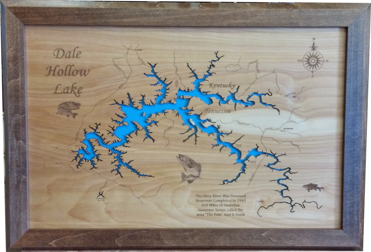 Wood Laser Cut Map Of Dale Hollow Lake Tn Topographical 5325