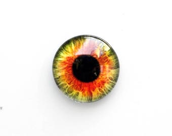 16mm handmade glass eye cabochon - Orange / green eye - standard profile