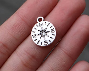 set of 10, compass charm, antique silver, metal charm, 16mm × 14mm, silver compass, compass jewelry, direction charm, navigation charm,