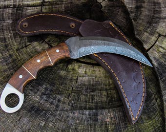 9" Inch Hand Made Forged Karambit Damascus Hunting Knife Walnut Handle Outdoor Survival With Leather Sheath Double Edge Fathers day gift