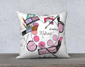 Illustrated pillow, Makeup decorative pillows, Girly cushion covers, Teen room decor, Makeup room decor, Girly pillow case, Office decor