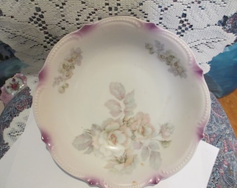 Lovely vintage china serving bowl with flowers and leaves, fluted edges painted in lavender