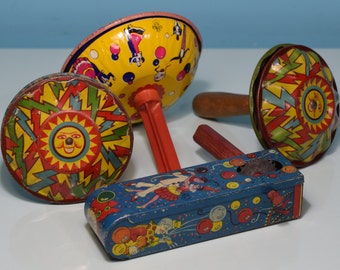 Lot Of 4 Antique Noise Makers New Years Eve Party Time Vintage Wood Handle Fun Plus Bonus