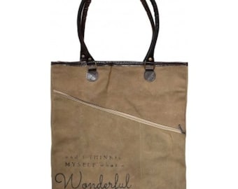 And I Think to Myself, What a Wonderful World Asymmetrical Zippered Tote Bag Purse Recycled Military Canvas