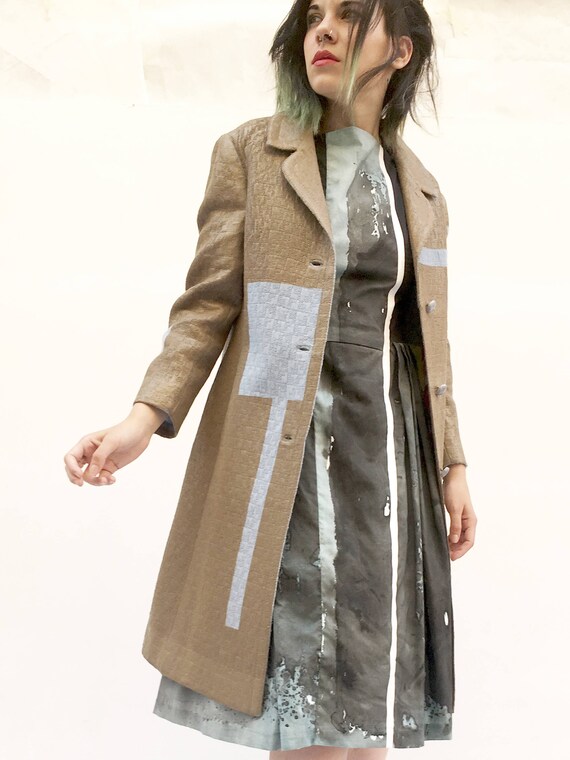 Spring Light Brown Hand-painted LOLA DARLING Overcoat Light Blue Stripes Leather Effect Unique Art Work Clothing Made with Care in Italy