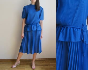 vintage 70s 80s Cobalt Blue secretary pleated peplum day dress S M