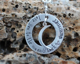 love you to the moon and back, hand stamped sterling, necklace with names