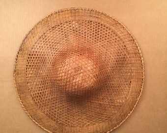 vintage Asian rattan sun hat tropical Wide Brim Chinese Woven Bamboo Straw Rice Paper Farmer Hat