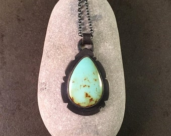 25% Off Turquoise Tear Drop Cabochon Rustic Western Sterling Silver Metalwork Necklace Pendant