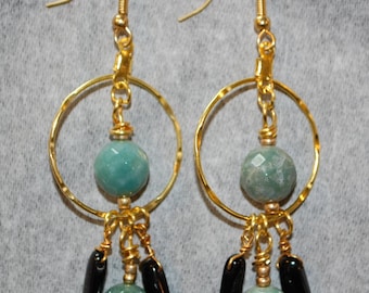 Tourmaline and Jet Earrings Gold Wires Statement Earrings Handmade