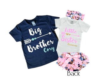 SET Personalized Big Brother/ Little Sister Shirt / Onesie Diaper Cover and Headband set. Matching Big Brother Little Sister Set.
