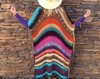 Women’s Handknit Boho, hippie, gypsy, western, fringed, poncho, ruana, blanket shawl