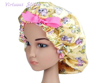Child Satin Bonnet Adjustable Yellow Satin Elephant Print with Pink Satin Lining