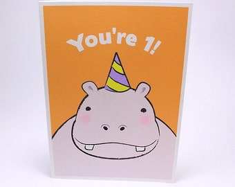 1st Birthday Card - Kids First Birthday Greeting Cards - Hippo