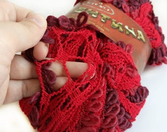 1 skein 1 scarf 20 min chunky scarf, ruffle scarf yarn, red yarn loop lace yarn, red novelty scarf yarn, burgundy DIY scarf, DIY kit scarf