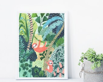 Sloth Print, Sloth Gift, Jungle Print, Botanical Illustration, Plants Print, Childrens Prints, Childrens Decor, Nursery Decor,