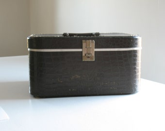Vintage embossed Train Case / Empire Beauty School makeup case / faux alligator luggage / retro suitcase