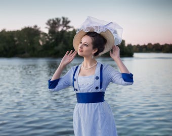 1910s Seaside Dress, Striped Titanic Dress, Downtown Abbey Tea Gown
