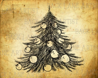 Vintage Christmas Tree Clipart Lineart Illustration Instant Download PNG JPG Digi Line Art Image Drawing C067