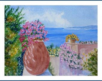 Watercolor - View of the sea from the garden