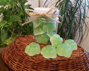 Jar with natural soaps made of Aloe Vera, olive oil, honey and lemon with flower shapes.